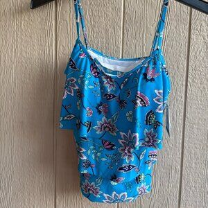 Swimwear Top Bathing Suit Blue Rust Floral American Beach Swimwear Size 12 NWT